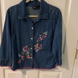 New York & Company Blue Denim Floral Embroidered Top